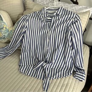 beachlunchlounge Blue and White Striped Button-Up Shirt With Front Tie